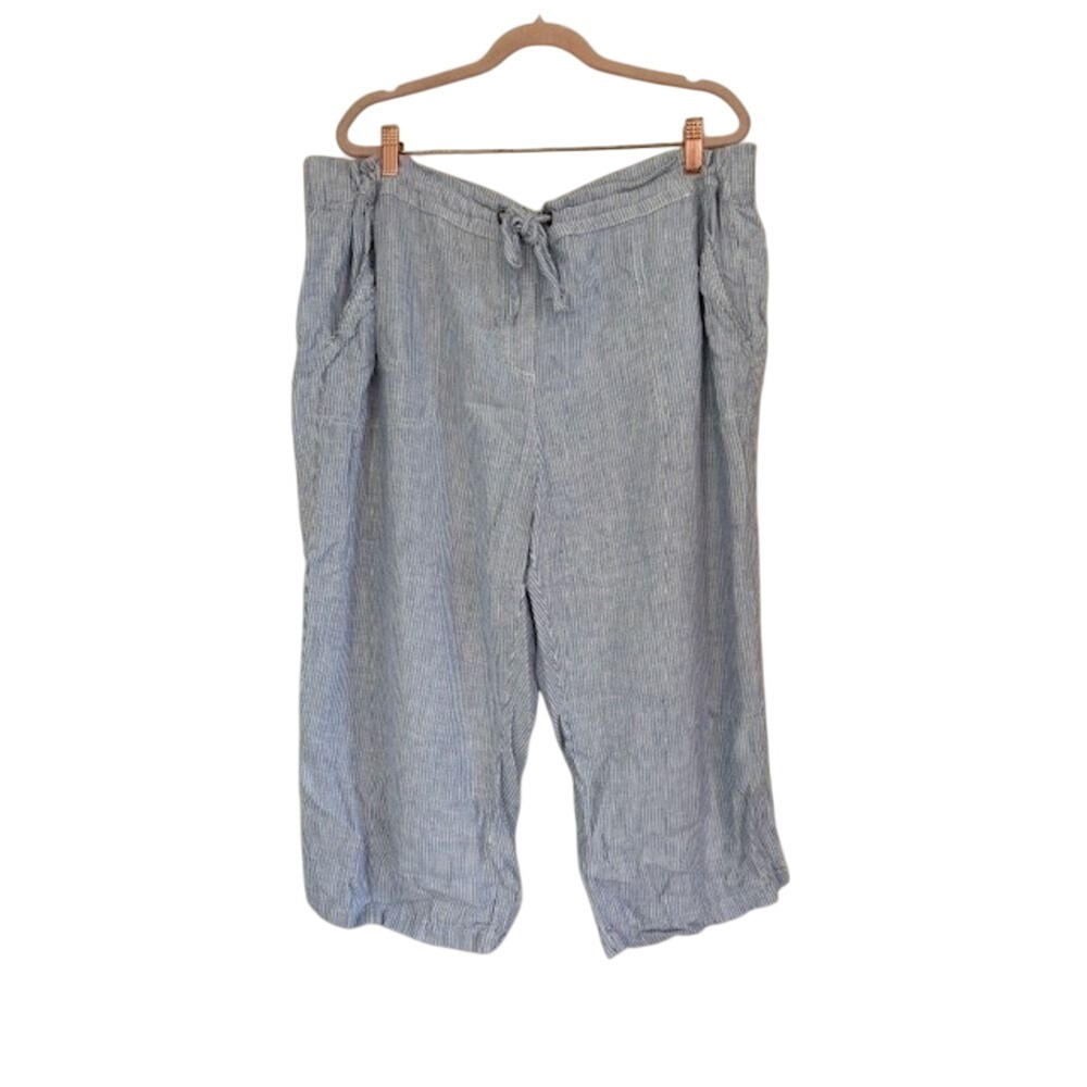 Per Se Blue White Striped‎ Linen Blend Crop Drawstring Pants Plus Size 2X